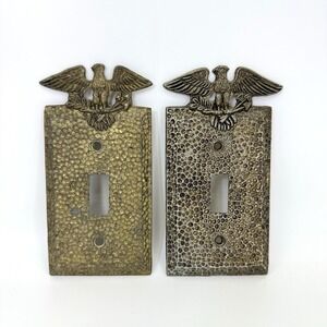 VTG Edmar Brass Eagle Toggle Switch Plate Cover Pair Hammered Antique Gold USA
